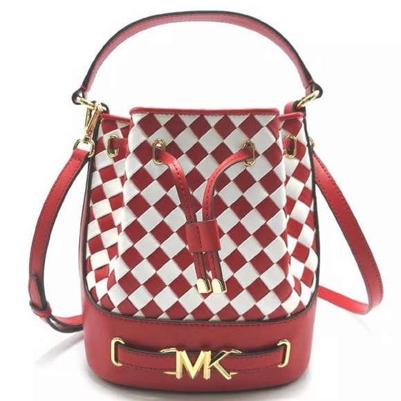 New! Michael Kors Reed Empire Logo Medium Woven Leather bucket bag - Picture 1 of 4